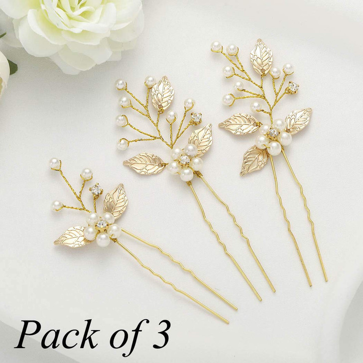 Jeairts Flower Crystal Bride Wedding Hair Pins Pearl Bridal Headpiece Leaves Headwear Hair Piece Decorative Hair Accessories for Women and Girls(Pack