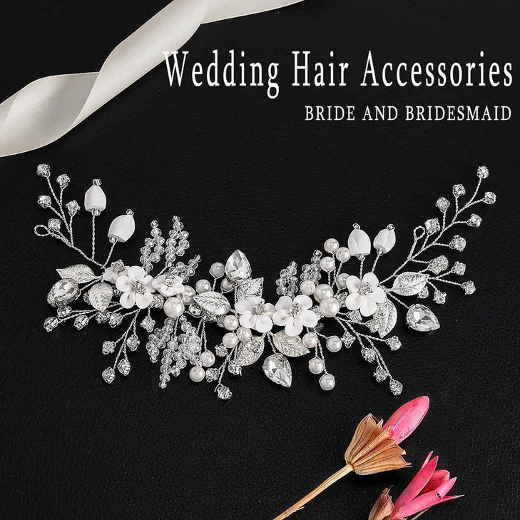 Catery Flower Bridal Hair Vine Silver Crystal Pearl Bride Wedding Headpieces Leaf Hair Accessories for Women and Girls