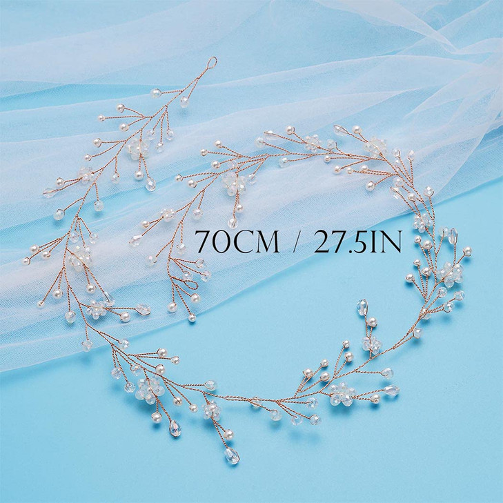 Easedaily Rhinestone Bride Wedding Hair Vine Rose Gold Pearl Bridal Headpieces Opal Hair Accessories for Women and Girls (27inch)