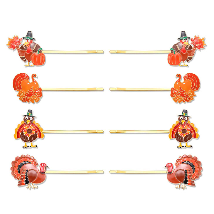 Boderier 8 Pack Thanksgiving Hair Clips for Women Fall Maple Leaf Turkey Hair Bobby Pins Thanksgiving Holiday Party Costume Hair Accessory Gifts (Tur