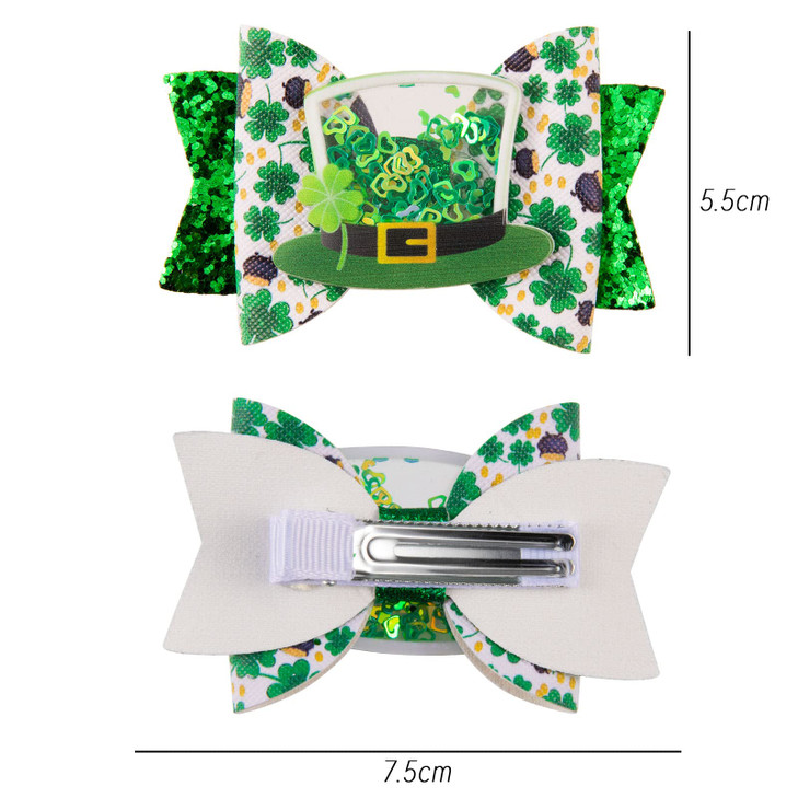 Whaline St. Patrick's Day Bow Clips Glitter Green Shamrock Clover Hair Pins Quicksand Bow Hair Barrettes Alligator Clip Hair Accessories for Girls Wo