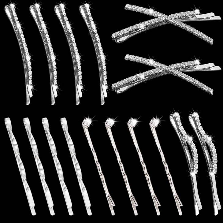 16 Pieces Silver Rhinestone Bobby Pins Set Delicate Decorative Fancy Crystal Hair Clips Shiny Fancy Metal Barrettes, I S X Shaped Diamond Hair Access