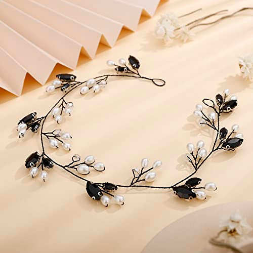 Teyglen Bridal Black Crystal Hair Vine Wedding Rhinestone Pearl Headband Hair Vine Handmade Black Crystal Hair Pieces Headpieces Wedding Hair Accesso