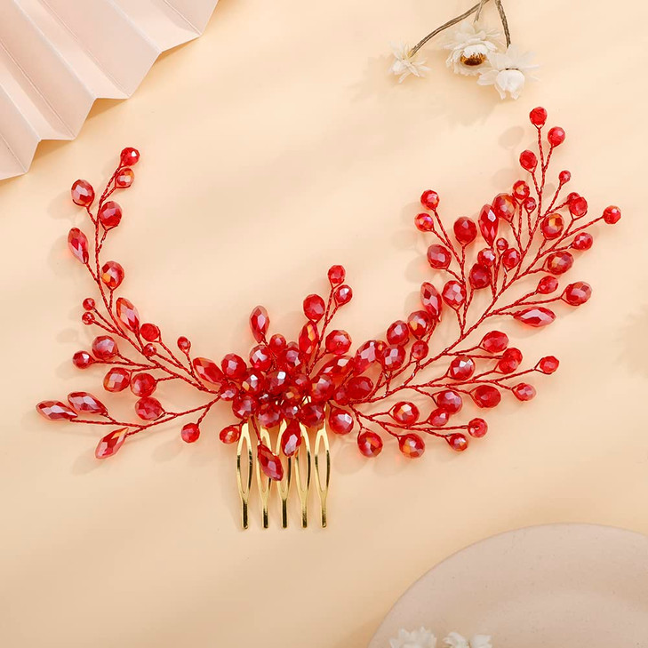 Teyglen Crystal Wedding Hair Comb Bridal Red Rhinestone Headpieces Wedding Hair Accessories for Bride Handmade Black Blue Red Hair Pieces for Women G