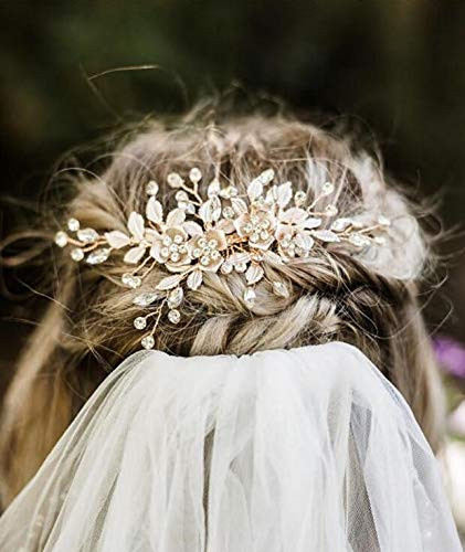 YERTTER Vintage Rhinestones Bride Wedding Hair Accessories for Brides Crystal Floral Leaves Bridal Hair Comb for Women and Girls (Gold)