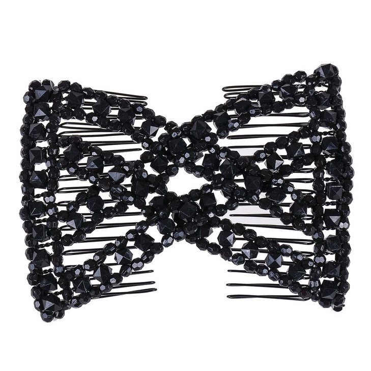 LOVEF 2 Pcs Black Stretch Flower Bow Glass Bead Hair Head Comb Cuff Double Clip