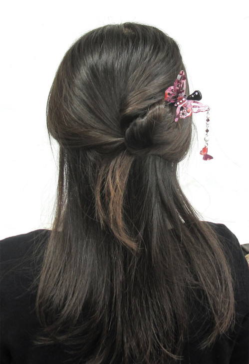 Kanzashi Japanese Chirimen Hair Pin Stick Butterfly Design (Purple)