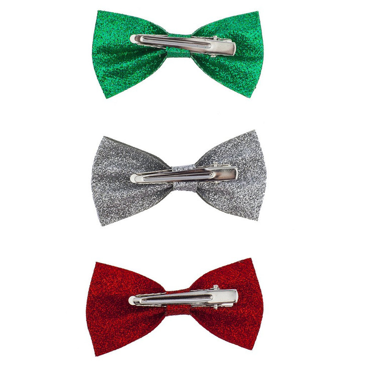 LUX ACCESSORIES Christmas Xmas Red Green Silver Glitter Bow Hair Clips (3pc)
