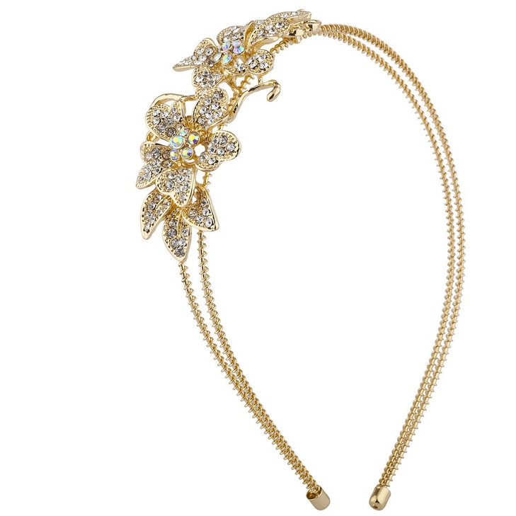 LUX ACCESSORIES Gold Tone Crystal Rhinestone Floral Flower 2 Row Coil Headband