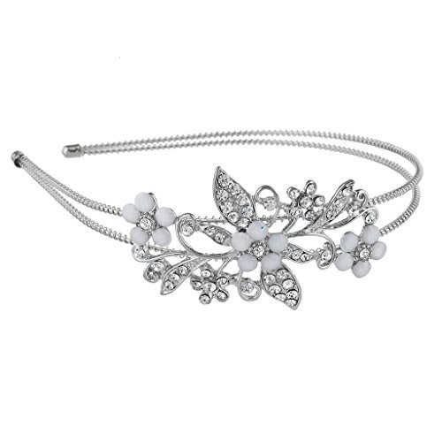 LUX ACCESSORIES Silver Tone Crystal Rhinestone White Flower Floral Coil Headband