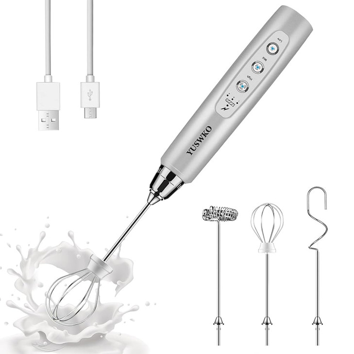 YUSWKO Rechargeable Milk Frother Handheld with 3 Heads, Silver Coffee Electric Whisk Drink Foam Mixer, Mini Hand Stirrer with 3 Speeds Adjustable for