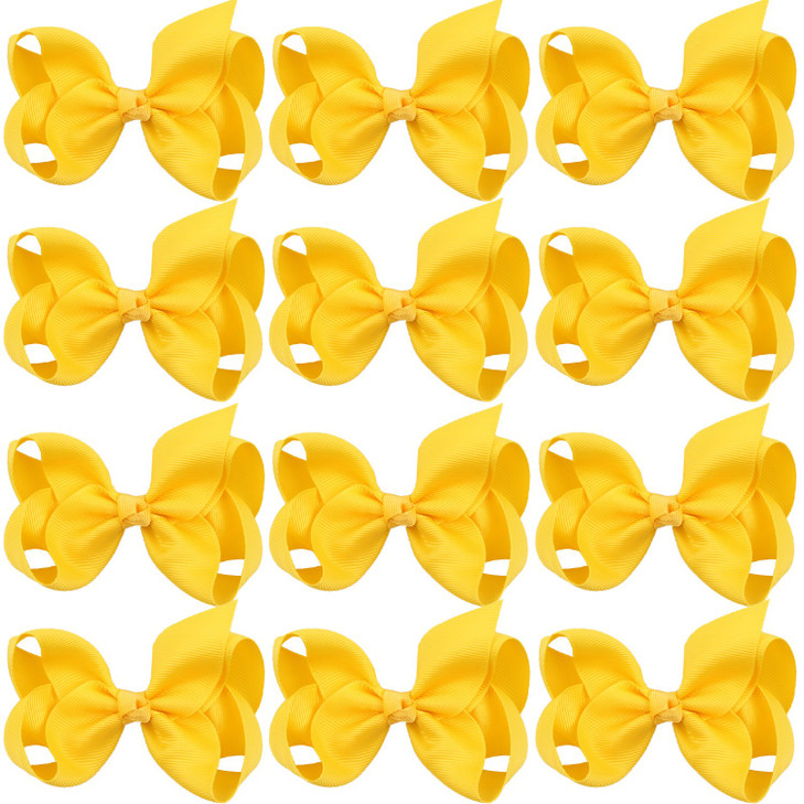 4 Inch Boutique Girls Hair Bows Hair Clips for Girls Toddlers 12 Pcs Solid Color (Yellow)