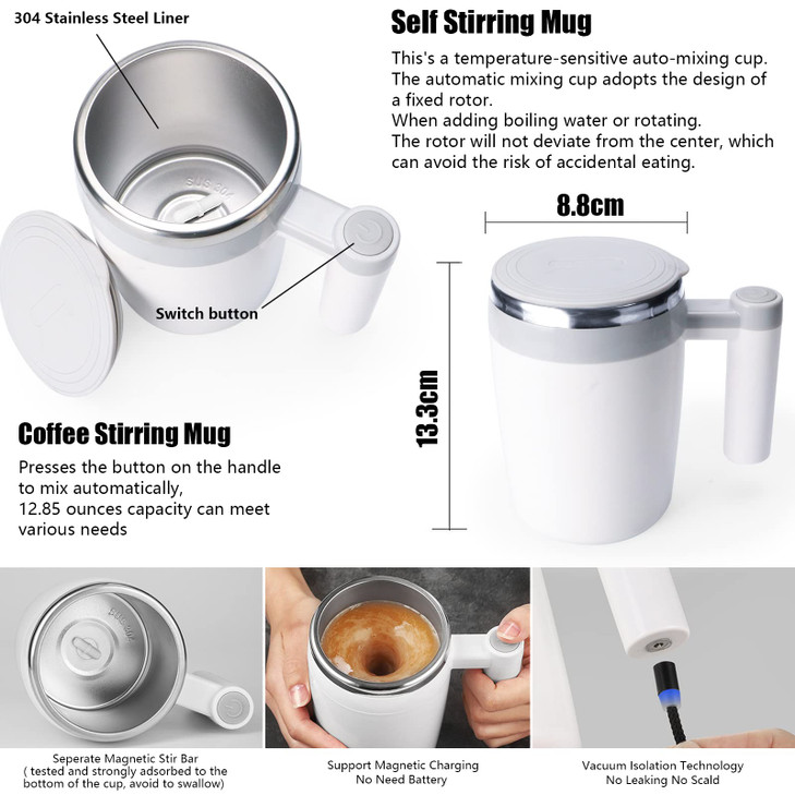 FCSWEET Self Stirring Mug,Rechargeable Auto Magnetic Coffee Mug with 2Pc Stir Bar,Waterproof Automatic Mixing Cup for Milk/Cocoa at Office/Kitchen/Tr