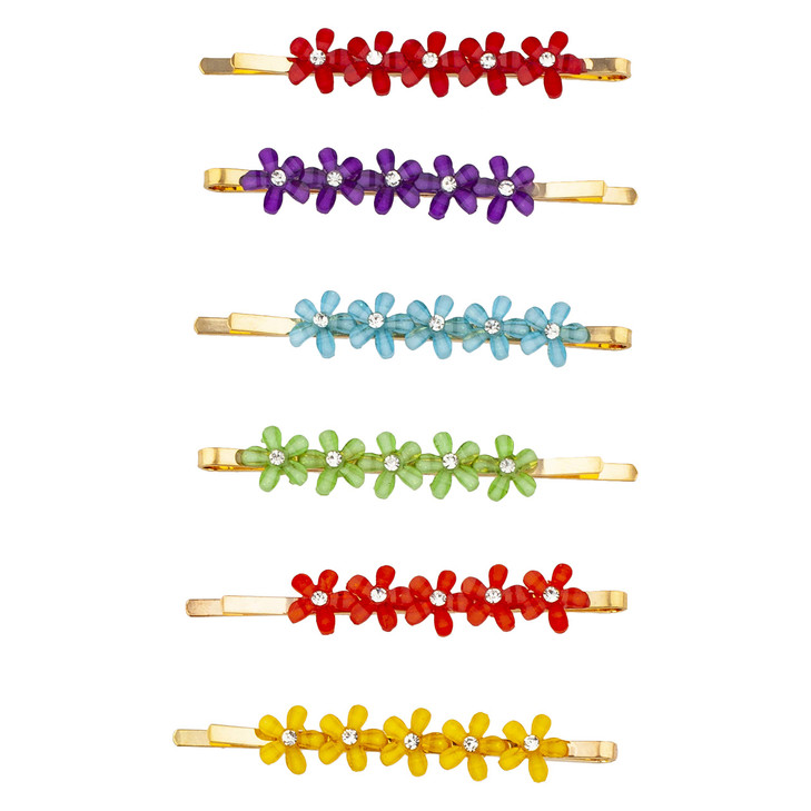 LUX ACCESSORIES Red Green Purple SkyBlue Yellow Orange Flowers Set of 6 Gold Tone Fashion Hair Pins