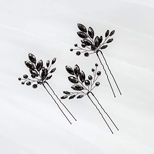 Kercisbeauty Wedding Black Crystal Hair Pins for Bride Bridal Bridesmaid Headpiece Prom Hair Accessory 3pcs