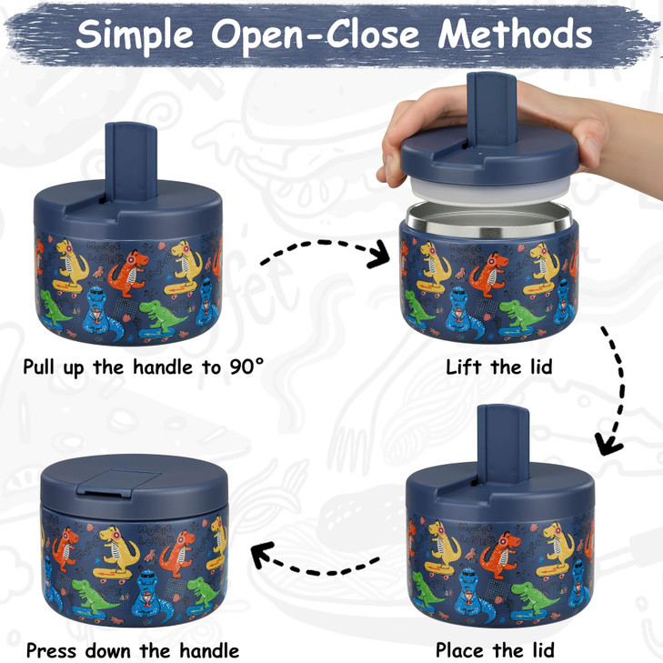 Pawtong 12oz Insulated Vacuum Food Jar with Buckle Lid Wide Mouth Soup Thermo for Hot Food Kids Leakproof Stainless Steel Lunch Container (Blue-Dinos