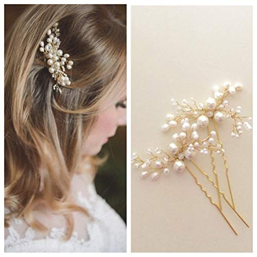 Artio Bride Wedding Pearl Hair Pins Girls Bridal Hair Accessories Hair Piece for Women and Girls 2PCS (Gold)