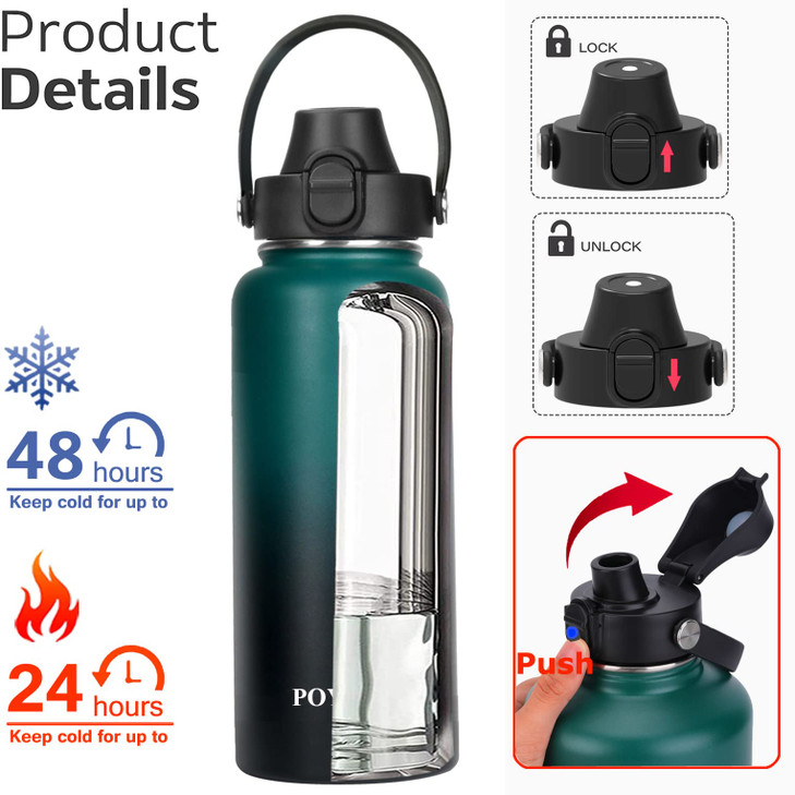 Water Bottle Insulated 32oz 40oz 64oz 128oz Straw Lid Spout Lid & 3 Lids, Leak Proof, Vacuum Insulated,Stainless Steel Water Bottle Wide Mouth for Sp
