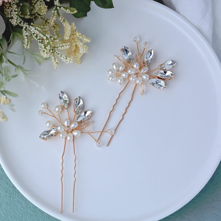 Bestshoot Bridal Hair Pieces, Beusoulove Wedding Hair Pin Crystal Flower Hair Accessories with Rhinestone and Faux Pearl for Girls,