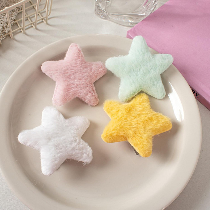 4 Pcs Yellow Star Hairpins Solid Color Fluffy Fuzzy Soft Anti-slip Hair Decor Portable Sweet Style Pentagram Bangs Clips Hair Styling Clips