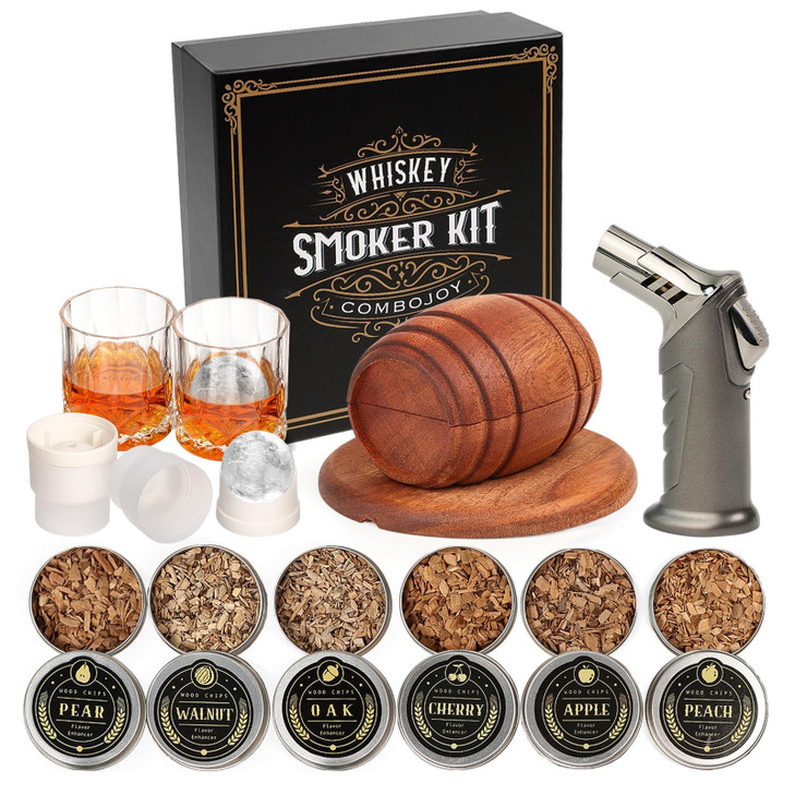 Whiskey Smoker Kit with Torch - 6 Flavors Wood Chips, 2 Glasses, 2 Ice Ball Molds - Cocktail Smoker Infuser Kit, Old Fashioned Drink Smoker Kit, Birt