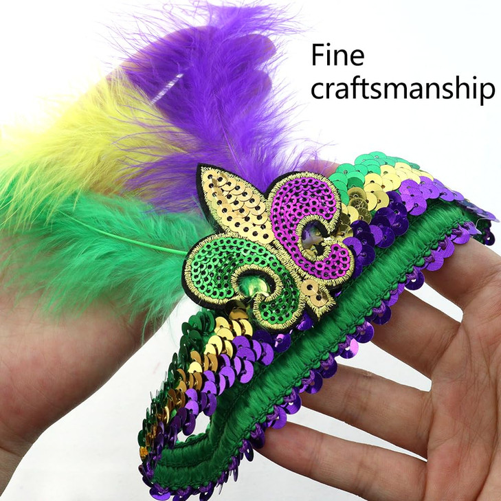 NODG 3 Pieces Mardi Gras Fluer Di Lis Headband, Sequins Hair Bands Feather Headdresses Hair Bands Cross, Sequin Headband for New Orleans Masquerade M