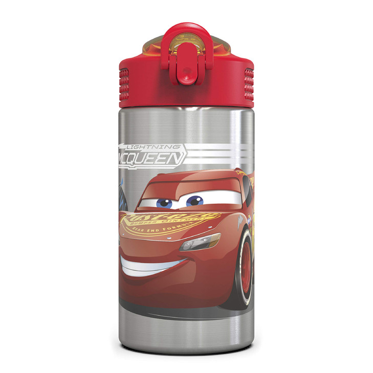 Zak Designs Disney Cars 3 - Stainless Steel Water Bottle with One Hand Operation Action Lid and Built-in Carrying Loop, Kids Water Bottle with Straw