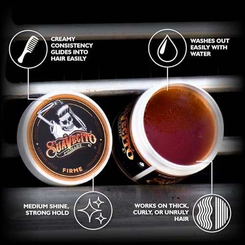 Suavecito Pomade Firme (Strong) Hold 4 oz, 1 Pack - Pomade For Men - Medium Shine Water Based Wax Like Flake Free Hair Gel - Easy To Wash Out - All D