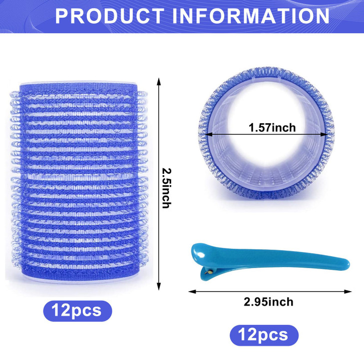 Hair Rollers, 12 Pack Hair Curler Large Hair Rollers for Women, Self Grip Hair Roller with Clips, Blue