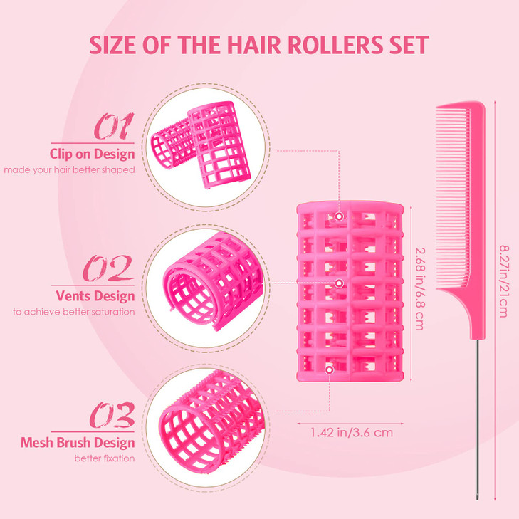 Syhood 12 Pcs Plastic Hair Rollers for Women Large Size Curlers Set Snap Roller Clips with Rat Tail Comb for Long Medium Short Hair Bangs, Salon Hair