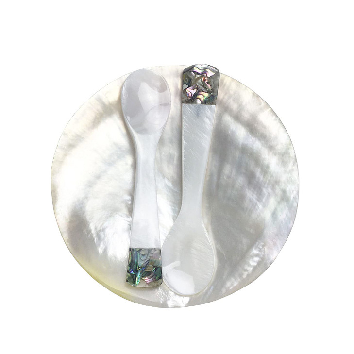 DUEBEL MOP Caviar Server Set, Plate Plus Set of 2 Mother of Pearl Caviar Spoons with Green Abalone 3.5 Decoration for Caviar, Appetizer, Dessert, Eg