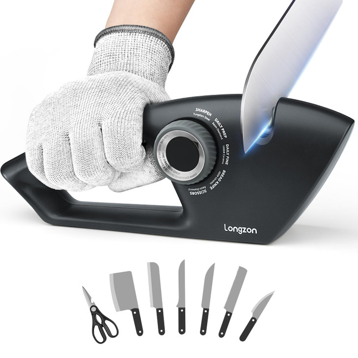 Longzon 5-in-1 Knife Sharpener 5 Stage for Serrated Knives, Scissors with Cut-Resistant Glove,Original Premium Polish Blades,Best Kitchen Knife Sharp