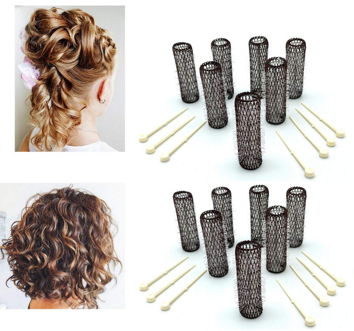 ALAZCO 14 pc Vintage Style Hair Roller Medium BRUSH ROLLERS & PINS Mesh Hair Curlers With Bristles 2.5"x 3/4", with Flexible Locking Pins