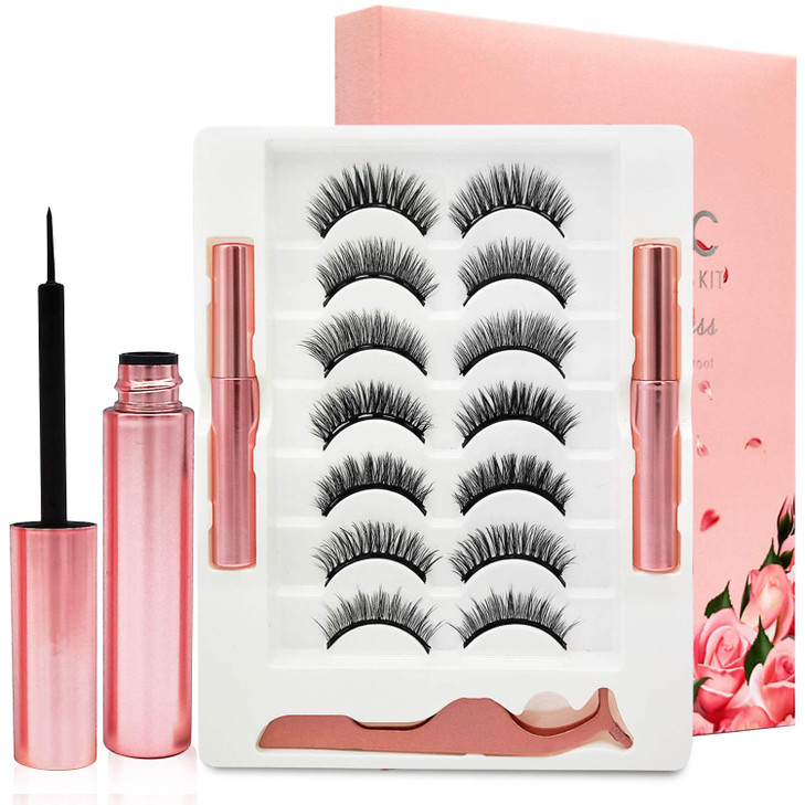 Magnetic Eyelashes Natural Look- Magnetic Lashes with Eyeliner -7 Pair 3D Magnetic Eyelash Kit with 2 Tubes of Liner-Upgraded Strong Hold, Reusable F