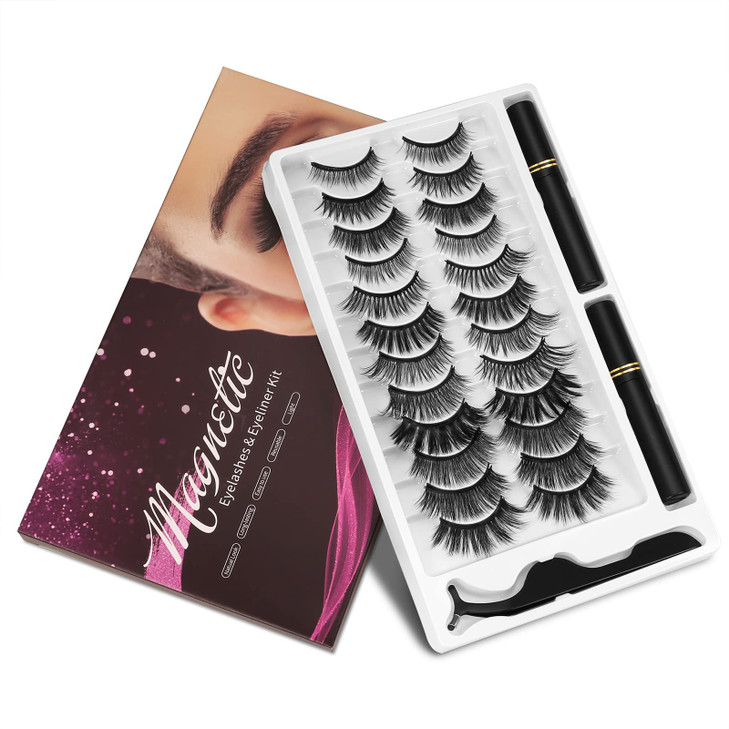 Magnetic Eyelashes and Eyeliner Kit, 12 Pairs Reusable Magnetic Lashes with Eyeliner and Tweezers, 3D Natural Look False Eyelashes, Easy to Wear, No