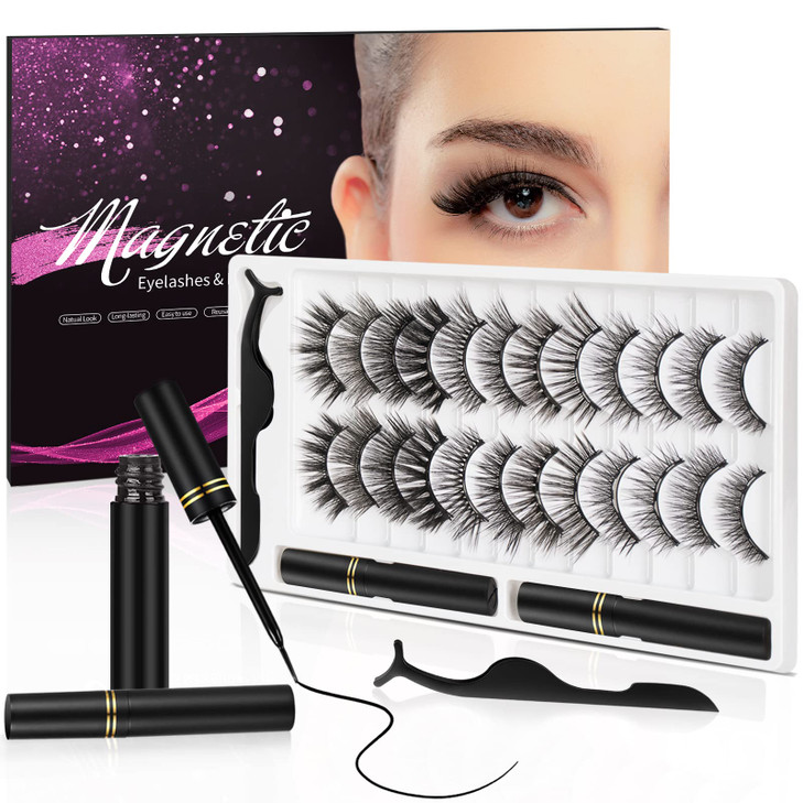 3D Natural Magnetic Eyelashes with Eyeliner Kit, Lightweight Lashes Natural Look, 12 Pairs False Lashes Kit, No Glue Needed Reusable Easy to Use (12