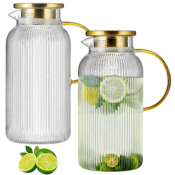 Buaic 2 PACK Glass Pitcher with Lid, 68 oz/ 2 Liter Classic Vertical Stripes Water Pitcher with Handle,Glass Water Carafe for Cold Brew, Coffee, Lemo
