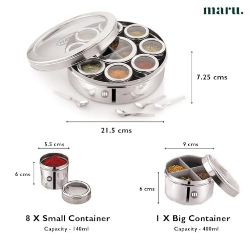 MARU 12 IN 1 Stainless Steel Indian Masala Box with See Through Lids, Elegant Spice box, Masala Dabba with 9 Spice Containers & 4 spoons for Kitchen