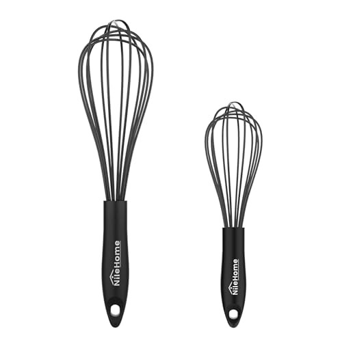NileHome Whisk Commercial Whisks Stainless Steel & Silicone Non-Stick Coated Small Whisk Set 8" 10" 12" Kitchen Wisk Wire Whisks for Cooking 3 Pack,
