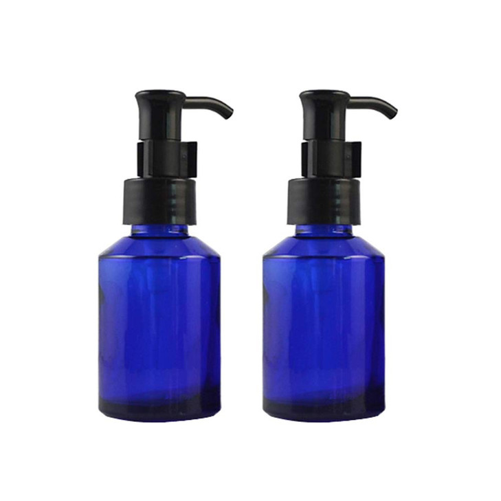 2PCS 60ML/2oz Blue Glass Pump Bottles with Black Pump Top Cosmetic Make-up Cream Lotion Sample Packing Storage Container Vial Jar for Emulsion Essenc
