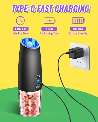 XinXu Gravity Electric Pepper and Salt Grinder Set, Salt/Pepper Mill & Adjustable Coarseness, Battery Powered with LED Light, One Hand Automatic Oper
