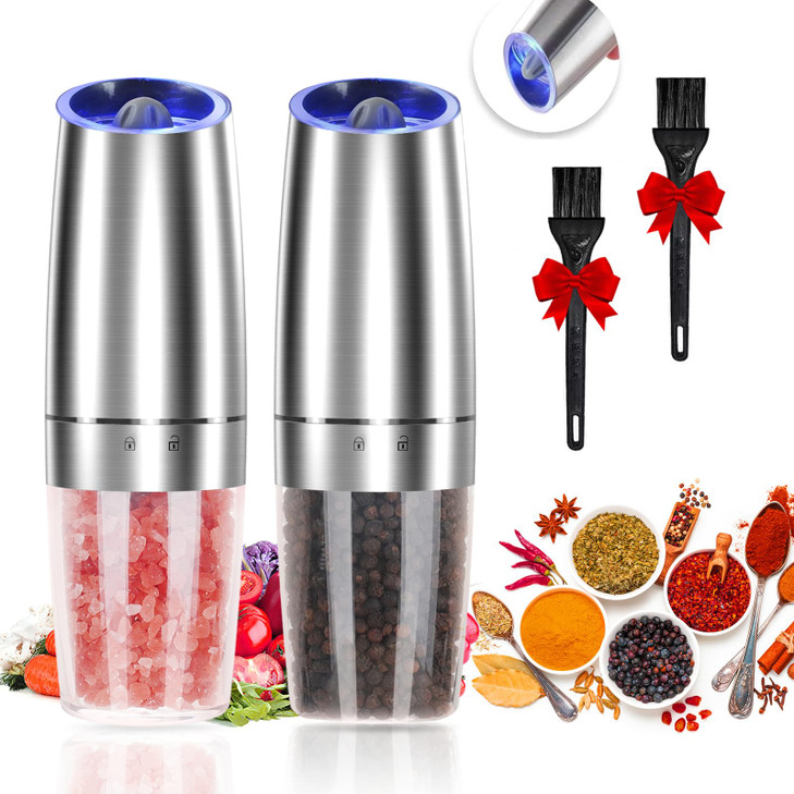 Gravity Electric Pepper and Salt Grinder Set, Adjustable Coarseness, Automatic Shakers Mill Grinder with LED Light, Battery Powered, Upgraded Larger