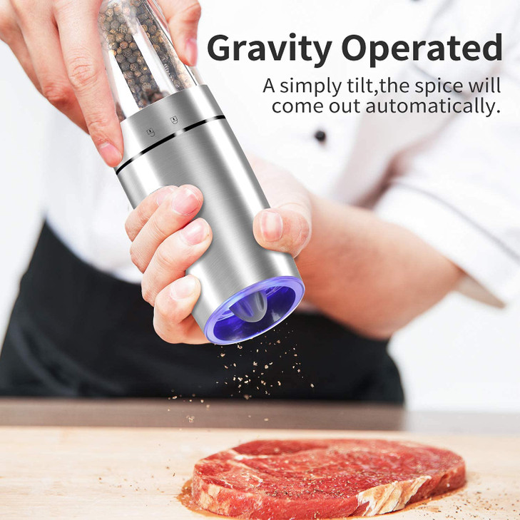 Gravity Electric Pepper and Salt Grinder Set, Adjustable Coarseness, Automatic Shakers Mill Grinder with LED Light, Battery Powered, Upgraded Larger
