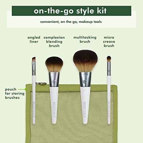 EcoTools On-The-Go Makeup Brush Kit, Travel-Friendly Brush Set, Mini-Size Makeup Tools for Powders, Blush, Bronzer, & Eyeshadows, Eco-Friendly, Synth