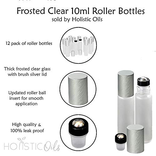 12-Pack Frosted Clear Glass Roller Bottles with Brushed Silver Leakproof Caps  Premium Quality Empty Roll-On Bottles for Essential Oils, Perfumes, S