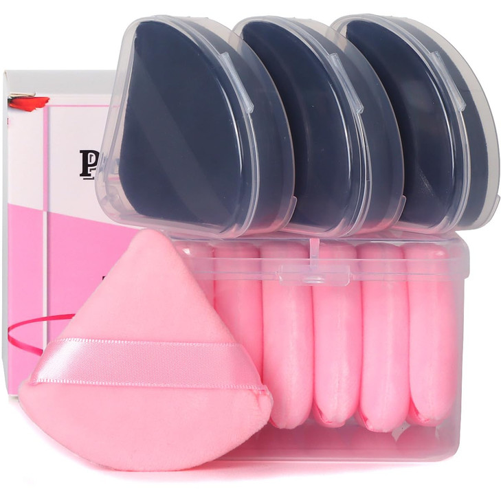 Ocim 10Pcs Powder Puffs for Face Powder,Soft Velour Triangle Beauty Puff,Makeup Pressed,Baking & Setting Powder Sponge Applicator Pads with Case,Blac