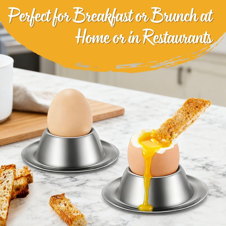 Flexzion Egg Cup Holder Set of 4 Pack - Stainless Steel Egg Cups Plates Four Pieces Serveware Tableware Holder Accessories for Hard Soft Boiled Egg S
