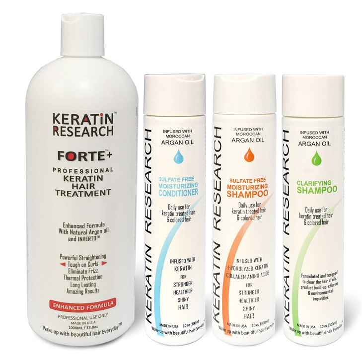 KERATIN RESEARCH Forte Keratin Brazilian Keratin Hair Blowout Treatment with Moroccan Argan Oil, Extra Strength, 4 Bottles, 1000ml, Unscented, Argan