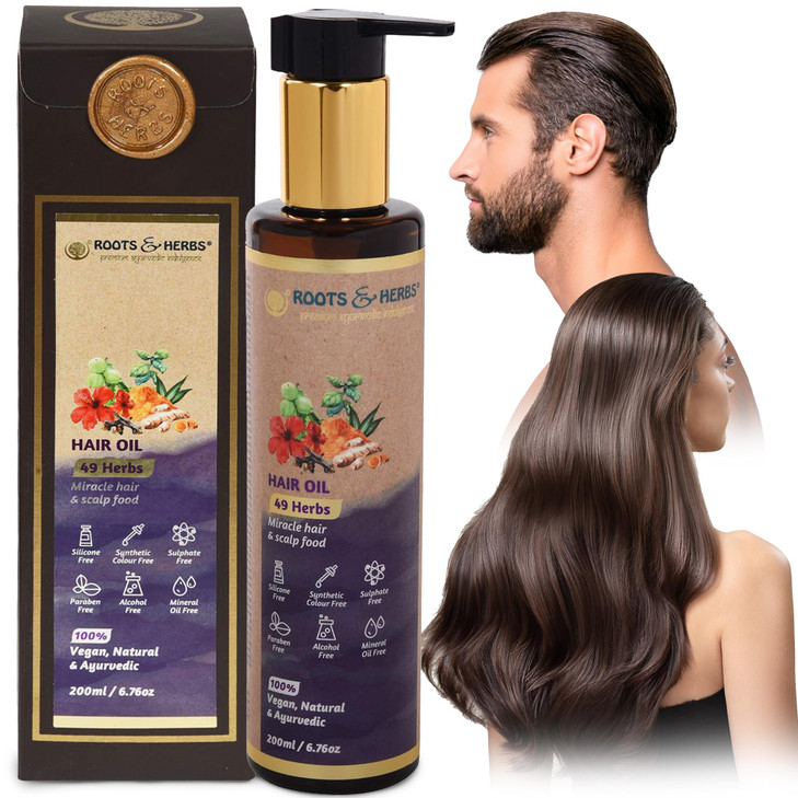 ROOTS AND HERBS Ayurvedic Oil - 49 Herbs with Bhringraj, Hibiscus Flower, Brahmi, Jatamansi, & Triphala for Stronger, Straight, Wavy & Curly Hair - H