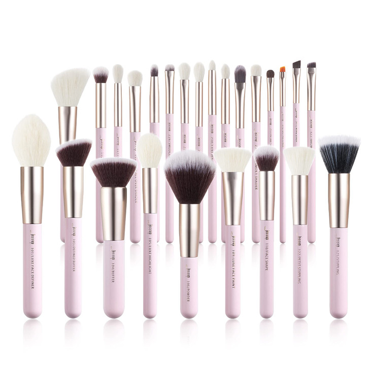 Jessup Makeup Brushes Set Professional, 25PCS Pink Premium Natural Powder Foundation Eyeshadow Blending Concealer Blusher Highlight Labeled Brushes,
